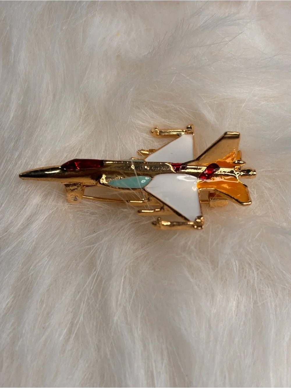 Colorful Enamel Fighter Jet Airplane Brooch – Gold Tone Statement Pin